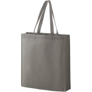 A grey non-woven tote bag with two sturdy handles and a minimalistic design featuring a logo.