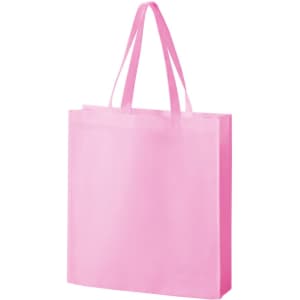 A pink non-woven tote bag with two handles and a plain design. It features a logo.