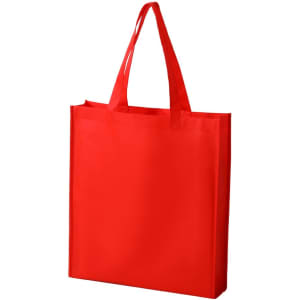 A red non-woven tote bag with long handles and a simple design. It features a logo on one side.