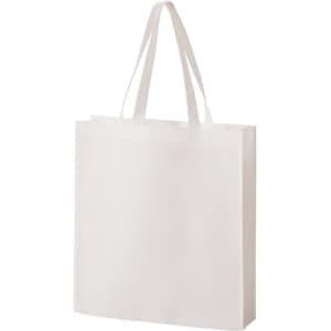 A white non-woven tote bag with two handles and a simple design. It features a branding logo.