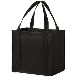 A black non-woven tote bag with two sturdy handles and a spacious interior, featuring a branding logo.