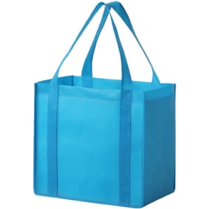 A blue non-woven tote bag with two sturdy handles and a structured design. It features a logo on one side.