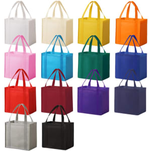 A collection of tote bags in various colours including pink, yellow, green, and black, all featuring matching handles.