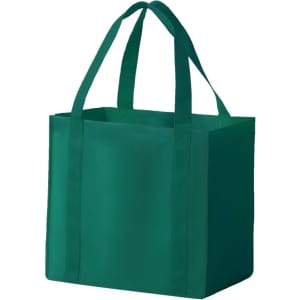 A green non-woven tote bag with sturdy handles and a simple, unbranded design.