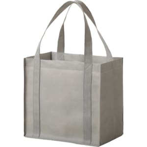 A grey non-woven tote bag with sturdy handles and a simple design, featuring logo branding.