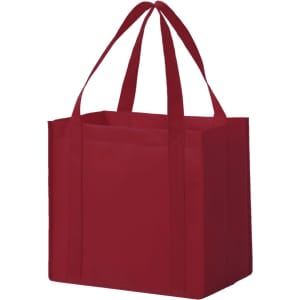 A red non-woven tote bag with dual handles and a square design, featuring a brand logo.