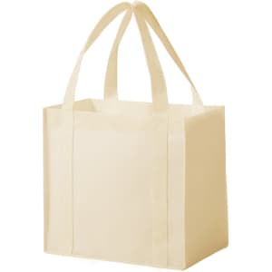 A beige non-woven tote bag with two handles and a simple design, featuring a logo.