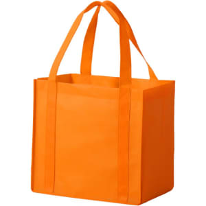 An orange non-woven tote bag with two handles and a square base. It features a logo on one side.