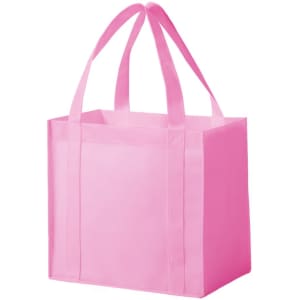 A pink non-woven tote bag with sturdy handles and a rectangular shape. It features a branding logo.