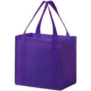 A purple non-woven tote bag with two sturdy handles and a spacious interior, featuring a logo on the side.
