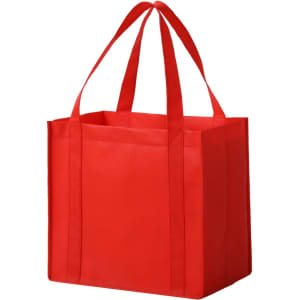 A red non-woven tote bag with two handles and a spacious interior, featuring a logo.