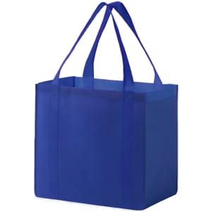 A blue non-woven tote bag with two sturdy handles and a simple design. It has a logo on one side.