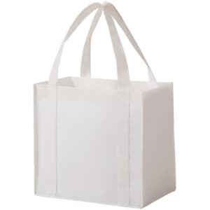A white non-woven tote bag with two sturdy handles and a blank front, ideal for promotional use.