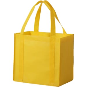 A yellow non-woven tote bag with two handles and a simple, logo on one side.