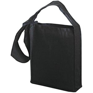 A black tote bag with a long shoulder strap, featuring a simple and sleek design.