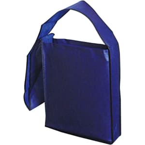 A blue tote bag with a shoulder strap and a flat, rectangular shape. It has an open top and appears to be made of fabric.