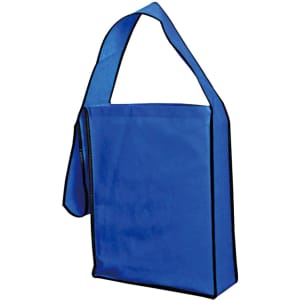 A blue shoulder bag with a single strap and contrasting black edging, featuring a simple, rectangular design.