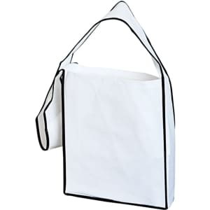 A white tote bag with black trim and a shoulder strap, featuring a simple and modern design.
