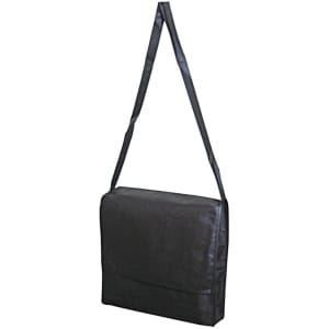 A black messenger bag with a long adjustable shoulder strap and a front flap.
