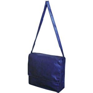 A navy blue messenger bag with a long adjustable strap and a flap closure. It has a smooth, shiny texture.