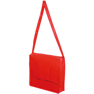A red messenger bag with an adjustable strap and a flap closure. It has a smooth finish and a simple design.