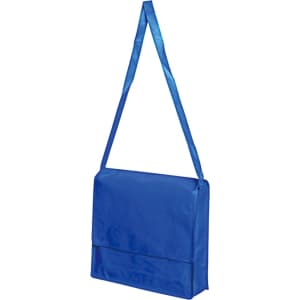 A blue shoulder bag with a long strap, featuring a flap closure and simple design.