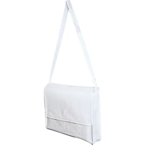 A white messenger bag with a long adjustable strap and a front flap closure. Features a simple design.