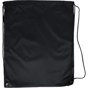 A black drawstring bag featuring a simple design with a sturdy cord closure.