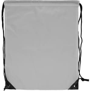 A grey drawstring backpack with black corners and ropes, designed for carrying items easily.