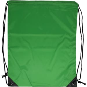 A drawstring backpack in vibrant green with black reinforced corners. Features two black drawstrings for closure.