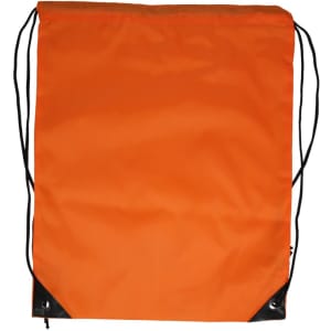 An orange drawstring backpack with black reinforced corners and adjustable straps.
