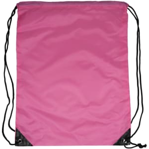 A drawstring bag in bright pink, featuring black corners and black drawstrings.