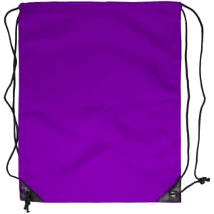 A drawstring bag in bright purple with black drawstrings and corners. It features a simple, smooth design.
