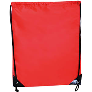 A red drawstring backpack featuring black accents and a logo. Suitable for carrying various items.
