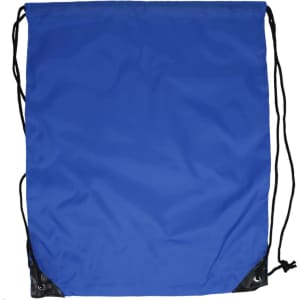 A blue drawstring bag made of durable fabric, featuring black corners and adjustable cords.