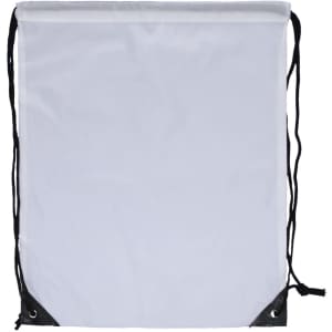 A drawstring bag in white with black accents and a simple design. Features eyelets for the drawstring closure.