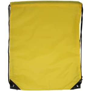 A drawstring backpack in bright yellow with black accents and a logo on the front.