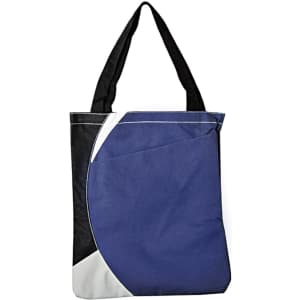 A tote bag featuring a navy blue, black, and grey design, with two sturdy black handles and a simple logo.