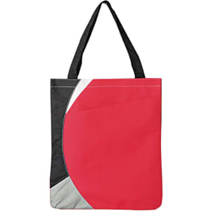 A tote bag featuring a red design with black and grey accents and two shoulder straps. It includes a branding logo.