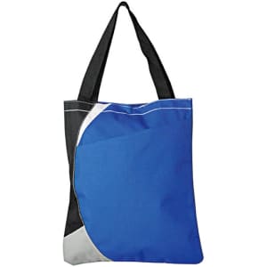 A blue and black tote bag with a curved design and long handles. It features a logo on one side.