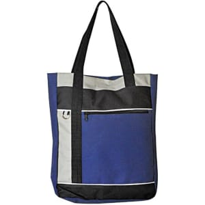 A tote bag featuring blue, grey, and black colours with a front zip pocket and a logo.