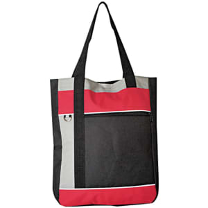 A tote bag featuring black, red, and grey panels, with a front zip pocket and shoulder straps.