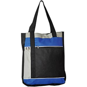 A tote bag featuring black, grey, and blue panels with black handles and a front pocket. It has a logo on it.