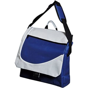 A messenger bag in navy blue and white with a shoulder strap and front pocket. It features a flap closure.