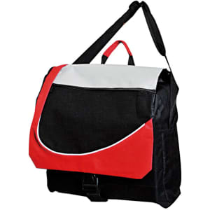 A messenger bag featuring a black base with a red and white flap, equipped with a shoulder strap and handle.