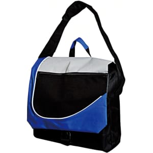 A messenger bag featuring a blue, grey, and black design, with an adjustable strap and front flap.