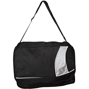 A black shoulder bag with a textured design and a long strap, featuring a logo on the front.