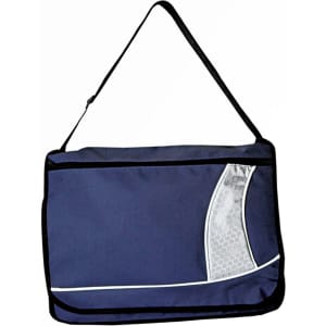 A messenger bag in navy blue with a sleek design and a textured panel, featuring a black shoulder strap.