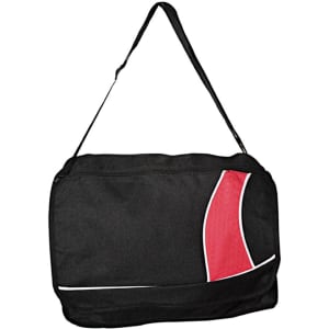 A black shoulder bag with a red accent and white detailing, featuring a single adjustable strap and a zippered compartment.