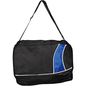 A black bag with a blue design and a shoulder strap, featuring a branding logo.